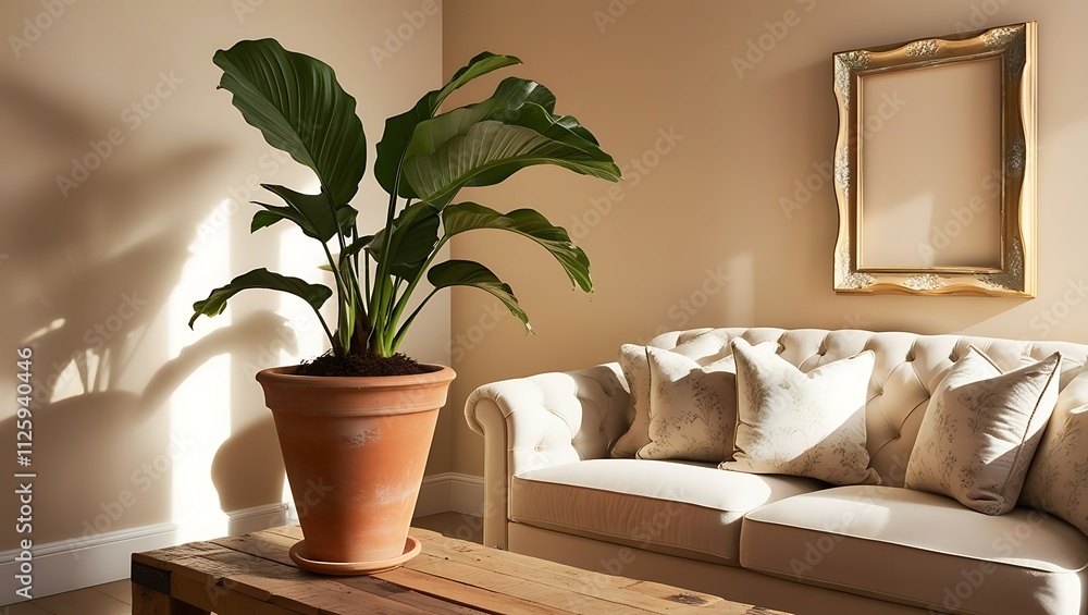 Fototapeta premium Plant in terracotta pot on table by sofa in sunlit room.