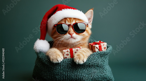 merry christmas vacation winter greeting card - cute cat with santa hat, sunglasses and presents in sack, isolated on green background photo