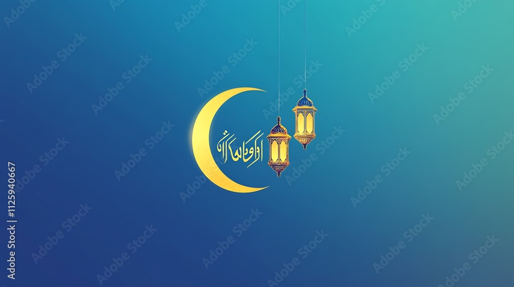 Obraz premium Ramadan crescent moon with lanterns.