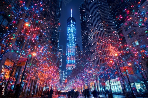 Skyscrapers in the city center adorned with colorful holiday lights. The streets below are crowded with holiday shop, Generative AI 
