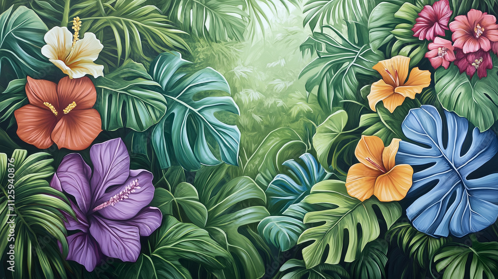 A vibrant tropical jungle scene with large monstera leaves, palm fronds, and colorful flowers against a lush green backdrop A vibrant tropical jungle scene with large monstera leaves, palm fronds, and colorful flowers against a lush green backdrop