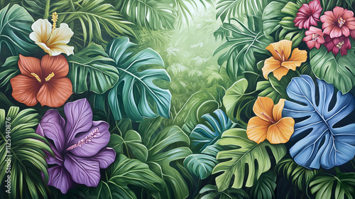 A vibrant tropical jungle scene with large monstera leaves, palm fronds, and colorful flowers against a lush green backdrop