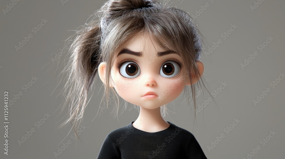 3D rendered illustration of a cute girl with a displeased expression, brown hair styled in a bun, and wearing a black top against a neutral background. 3D rendered illustration of a cute girl with a displeased expression, brown hair styled in a bun, and wearing a black top against a neutral background.