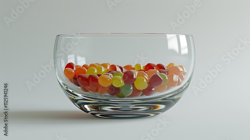 A transparent glass bowl filled with colorful jelly beans, isolated on a white background.