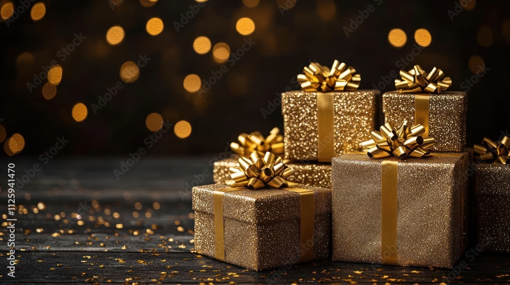Gold gift boxes with bows on dark wood. (1) Gold gift boxes with bows on dark wood. (1)
