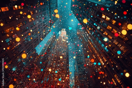 Skyscrapers in the city center adorned with colorful holiday lights. The streets below are crowded with holiday shop, Generative AI 