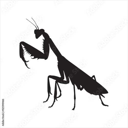 A vector silhouette image of a mantis icon with a white background