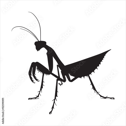 A vector silhouette image of a mantis icon with a white background