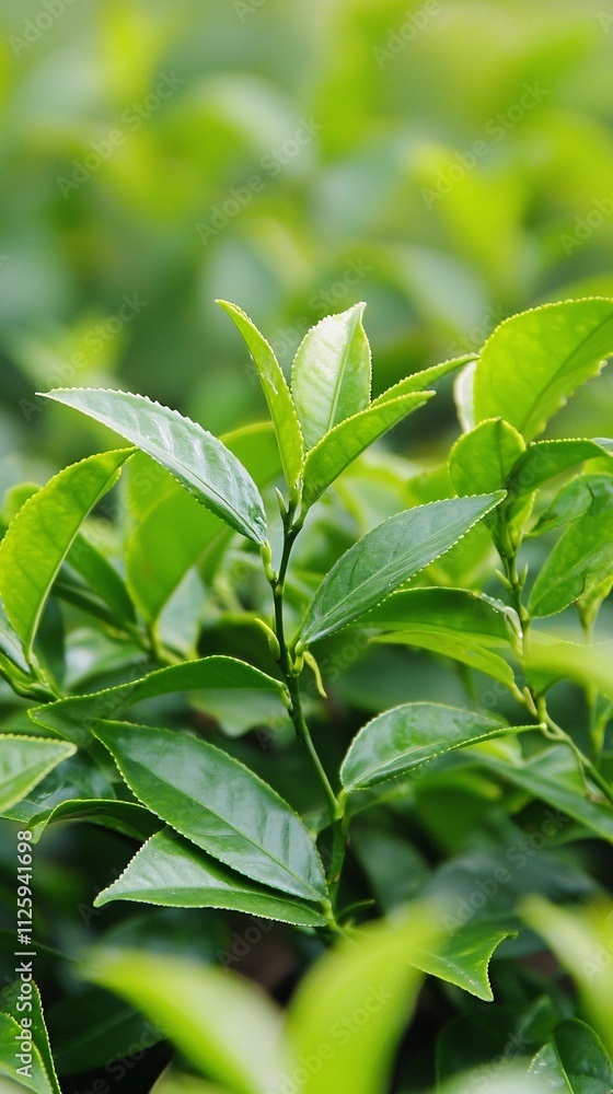 Close-up of vibrant green tea leaves, showcasing their glossy texture and healthy appearance in a lush environment. Close-up of vibrant green tea leaves, showcasing their glossy texture and healthy appearance in a lush environment.