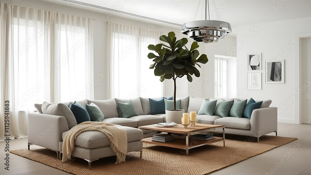 Fototapeta premium Modern living room with sectional sofa, large plant, and stylish decor.