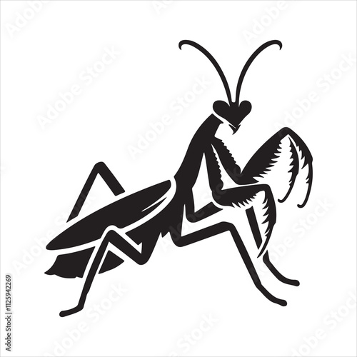 A vector silhouette image of a mantis icon with a white background