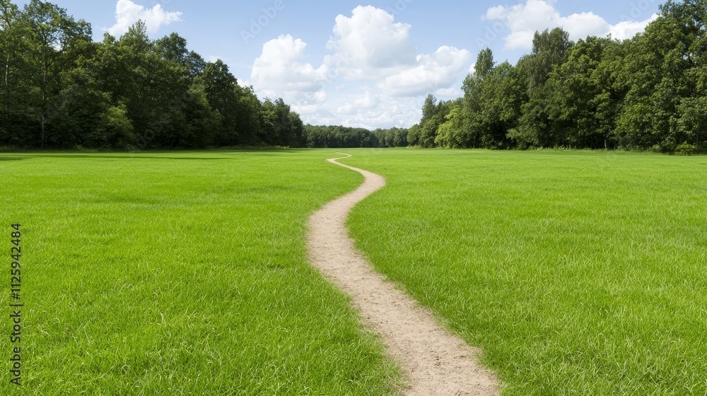 Serene Winding Path Through Lush Green Meadow and Trees Serene Winding Path Through Lush Green Meadow and Trees