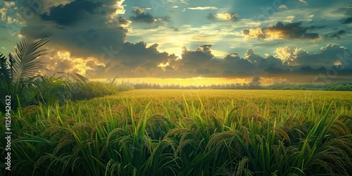 A green rice field, with crooked ears, with golden ripee rice, Side view, paramount light, colorism, photo