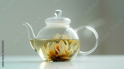 A transparent glass teapot with blooming tea, on a clean white surface.