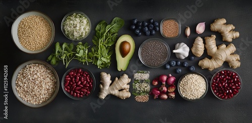 Healthy food ingredients, quinoa, rice, beans, blueberries, avocado, ginger, garlic, and greens.