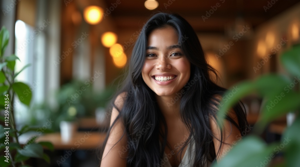 A young Indian woman with long black hair smiles brightly while sitting in a cozy café, surrounded by plants and warm lighting, creating a welcoming atmosphere. A young Indian woman with long black hair smiles brightly while sitting in a cozy café, surrounded by plants and warm lighting, creating a welcoming atmosphere.