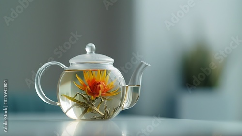 A transparent glass teapot with blooming tea, on a clean white surface.
