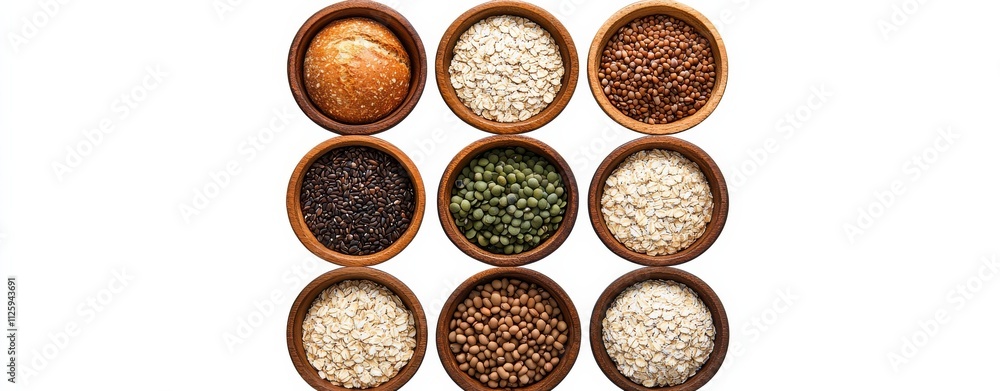 A vibrant assortment of various grains and legumes displayed in wooden bowls, showcasing diverse textures and colors. A vibrant assortment of various grains and legumes displayed in wooden bowls, showcasing diverse textures and colors.