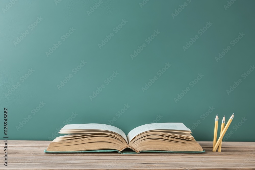 Open book and pencils on wooden desk against teal wall. Open book and pencils on wooden desk against teal wall.