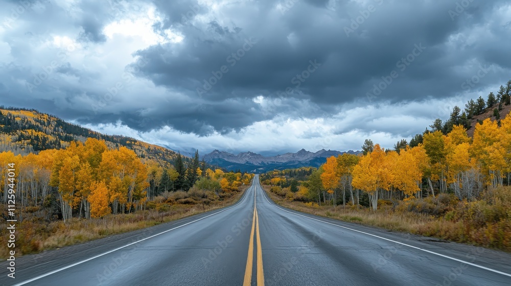 Journey through a colorful autumn landscape a straight road under gathering clouds nature photography scenic viewpoint capturing the essence of fall Journey through a colorful autumn landscape a straight road under gathering clouds nature photography scenic viewpoint capturing the essence of fall