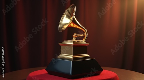 Close-up of a shiny Grammy trophy with its distinctive design, elegantly positioned on a luxurious surface, symbolizing recognition and success in the music industry. photo