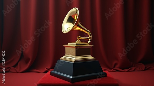 Close-up of a shiny Grammy trophy with its distinctive design, elegantly positioned on a luxurious surface, symbolizing recognition and success in the music industry. photo