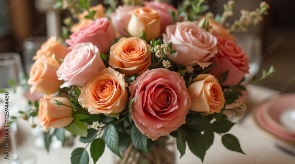 Close-up of an exquisite floral centerpiece with colorful roses and peonies in a glass vase, creating a vibrant and inviting atmosphere for a wedding or special event Close-up of an exquisite floral centerpiece with colorful roses and peonies in a glass vase, creating a vibrant and inviting atmosphere for a wedding or special event