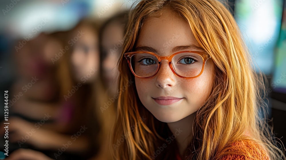 Young girl with red hair and glasses focused on computer screen in a classroom setting, showcasing technology use and learning in education environment Young girl with red hair and glasses focused on computer screen in a classroom setting, showcasing technology use and learning in education environment