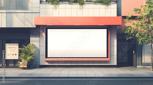 Store sign with blank white screen on a building in modern city, suitable for ad or store branding display