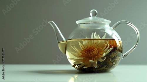 A transparent glass teapot with blooming tea, on a clean white surface.
