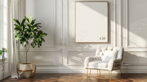 armchairs in room with white wall and big frame poster on it. Scandinavian style interior design of modern living room