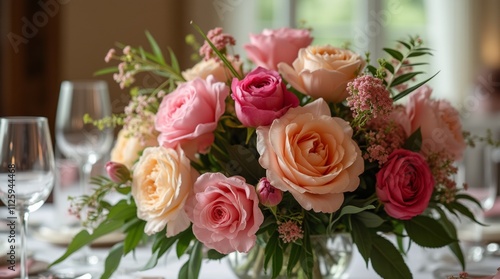 Close-up of an exquisite floral centerpiece with colorful roses and peonies in a glass vase, creating a vibrant and inviting atmosphere for a wedding or special event