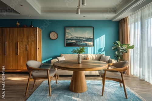 Wallpaper Mural Modern living room with teal walls, wooden furniture, and large artwork. Perfect for interior design, home decor, and real estate websites. Torontodigital.ca