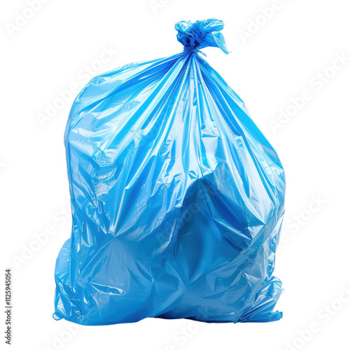 A vibrant blue trash bag capturing the essence of waste management and environmental awareness in a strikingly clean composition