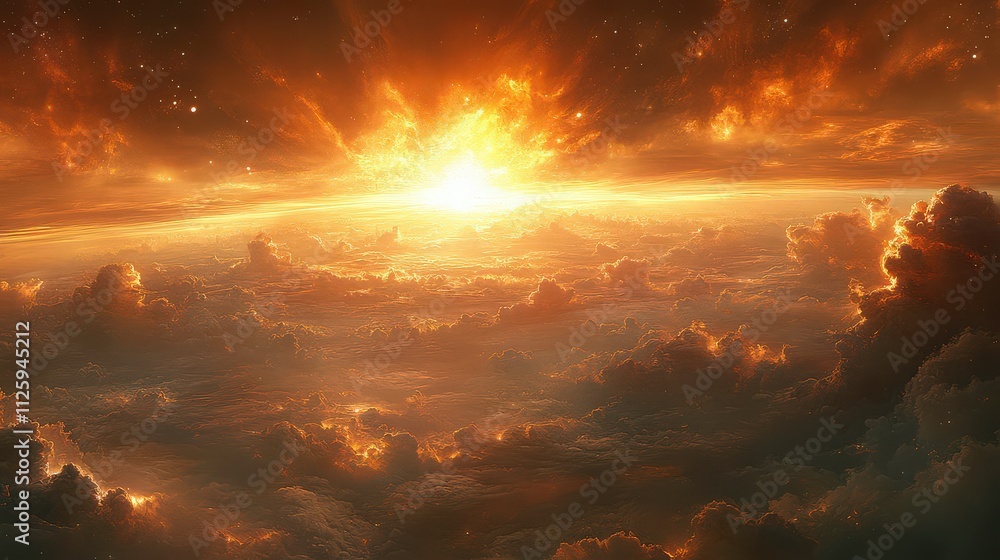 Fototapeta premium Breathtaking Sunrise Over Majestic Clouds Illuminating the Sky with Fiery Hues and Soft Light in an Expansive Celestial Landscape of Wonder