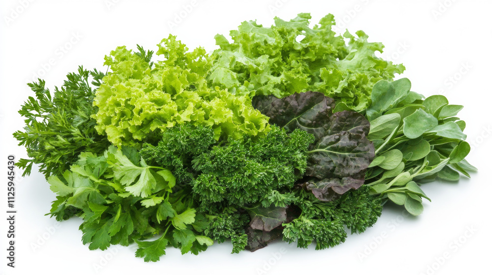 Fresh herbs and greens arranged beautifully on white background Fresh herbs and greens arranged beautifully on white background