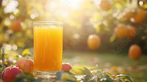 Refreshing apple juice in a glass, surrounded by apples and autumn leaves. Perfect for healthy lifestyle, autumn harvest, or juice advertising.