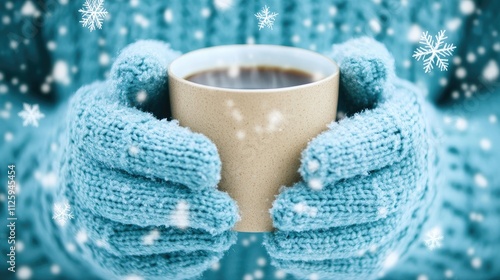 Wallpaper Mural A close-up of hands in knitted mittens holding a warm cup, with soft snowflakes falling in the background, bringing a sense of winter warmth. Torontodigital.ca