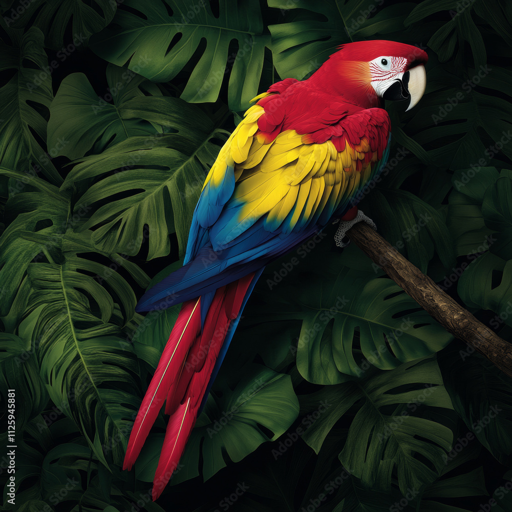 Obraz premium macaw perched on branch surrounded by lush green leaves