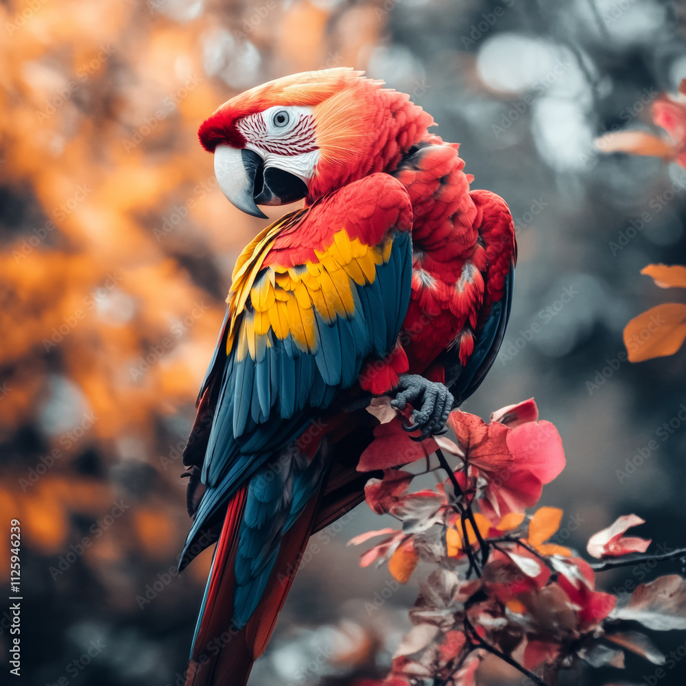 Obraz premium colorful parrot perched on branch, showcasing vibrant feathers and autumn leaves