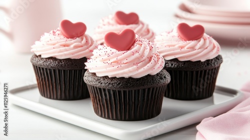 Delicious chocolate cupcakes with pink frosting and heart-shaped decorations, perfect for celebrations and sweet treats.