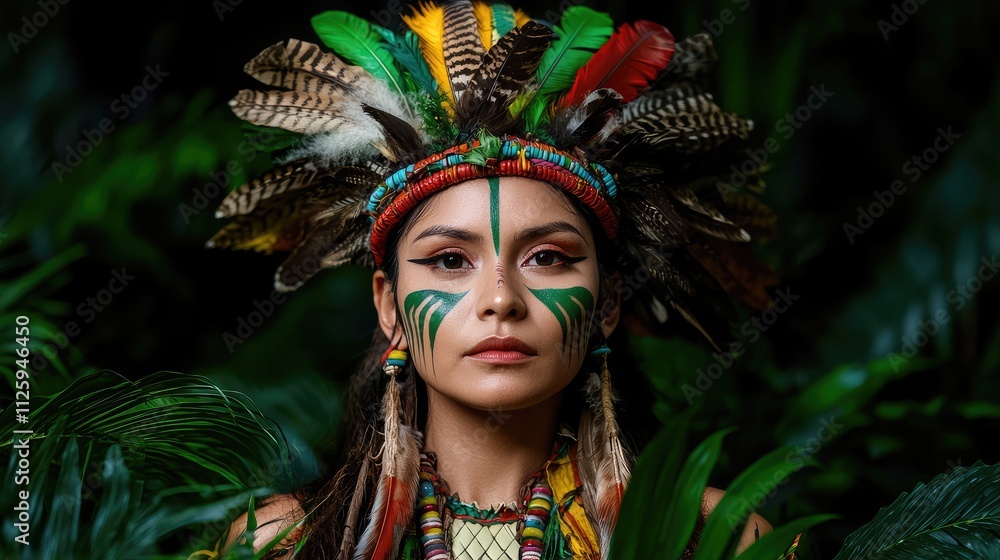 Close-up portrait of a woman with indigenous headdress and face paint, surrounded by lush green foliage. Close-up portrait of a woman with indigenous headdress and face paint, surrounded by lush green foliage.