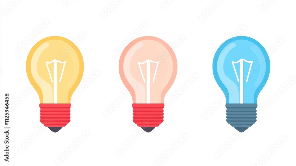 Three colorful light bulbs in yellow, pink, and blue, each with a red or gray base, against a simple white background. Three colorful light bulbs in yellow, pink, and blue, each with a red or gray base, against a simple white background.