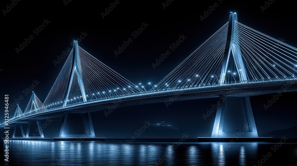 Naklejka premium Illuminated cable-stayed bridge at night reflecting on calm water.