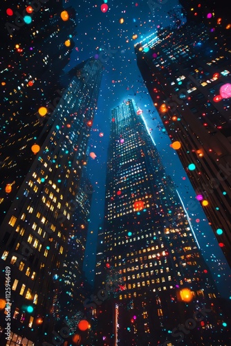 Skyscrapers in the city center adorned with colorful holiday lights. The streets below are crowded with holiday, Generative AI