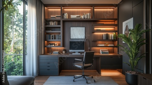 Modern Home Office Interior Design with Wooden Bookshelves