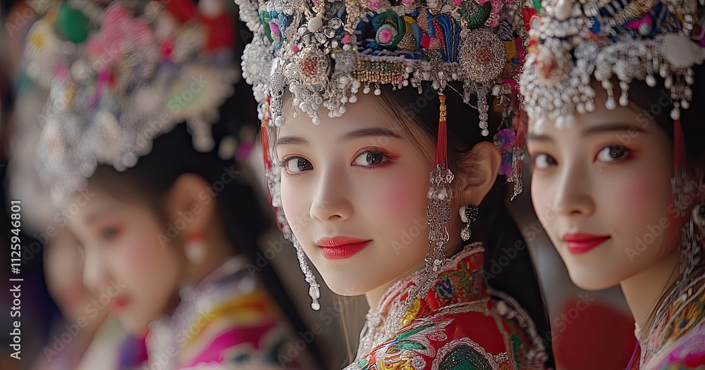 The Miao ethnic group people in Guizhou, China, dressed up and danced at the festival with colorful costumes The Miao ethnic group people in Guizhou, China, dressed up and danced at the festival with colorful costumes