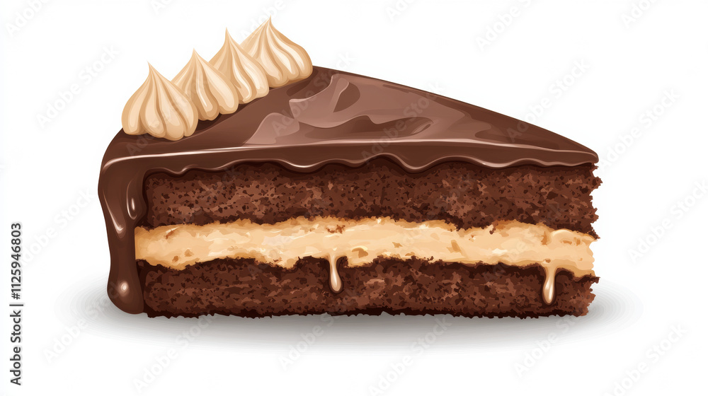Delicious slice of chocolate cake with creamy filling and frosting Delicious slice of chocolate cake with creamy filling and frosting