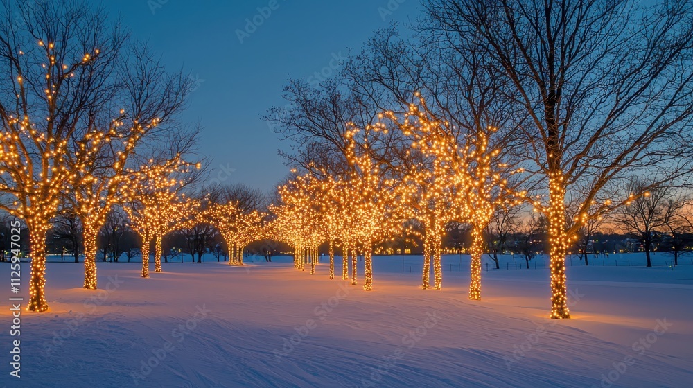 Captivating evening stroll through a snowy landscape adorned with twinkling lights winter wonderland dusk magical atmosphere Captivating evening stroll through a snowy landscape adorned with twinkling lights winter wonderland dusk magical atmosphere