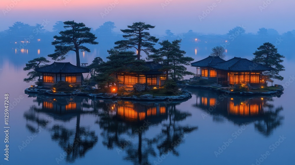 Fototapeta premium Illuminated island houses on tranquil lake at dusk.